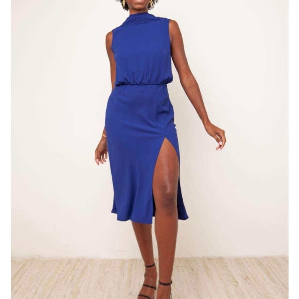 Amanda Uprichard Blue Sheath Midi Dress Mock Neck Sleeveless